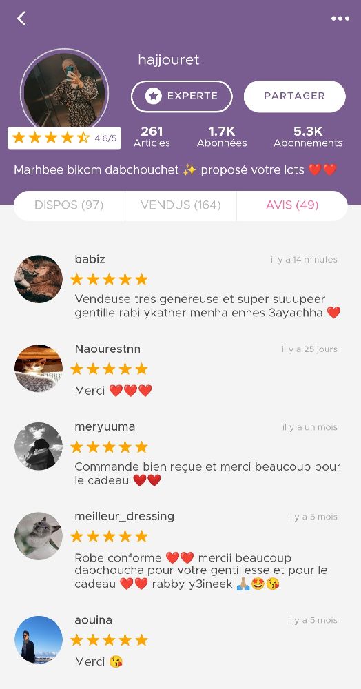 Mercii babiz pour votre note🌺 même maktebch w chryt mn 3andi ama 3malt avis mezyena hedha khatr enty ma7lek au fond ❤️