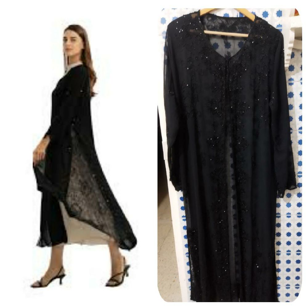 Une jolie longue abaya noir transparente en broderie 🖤