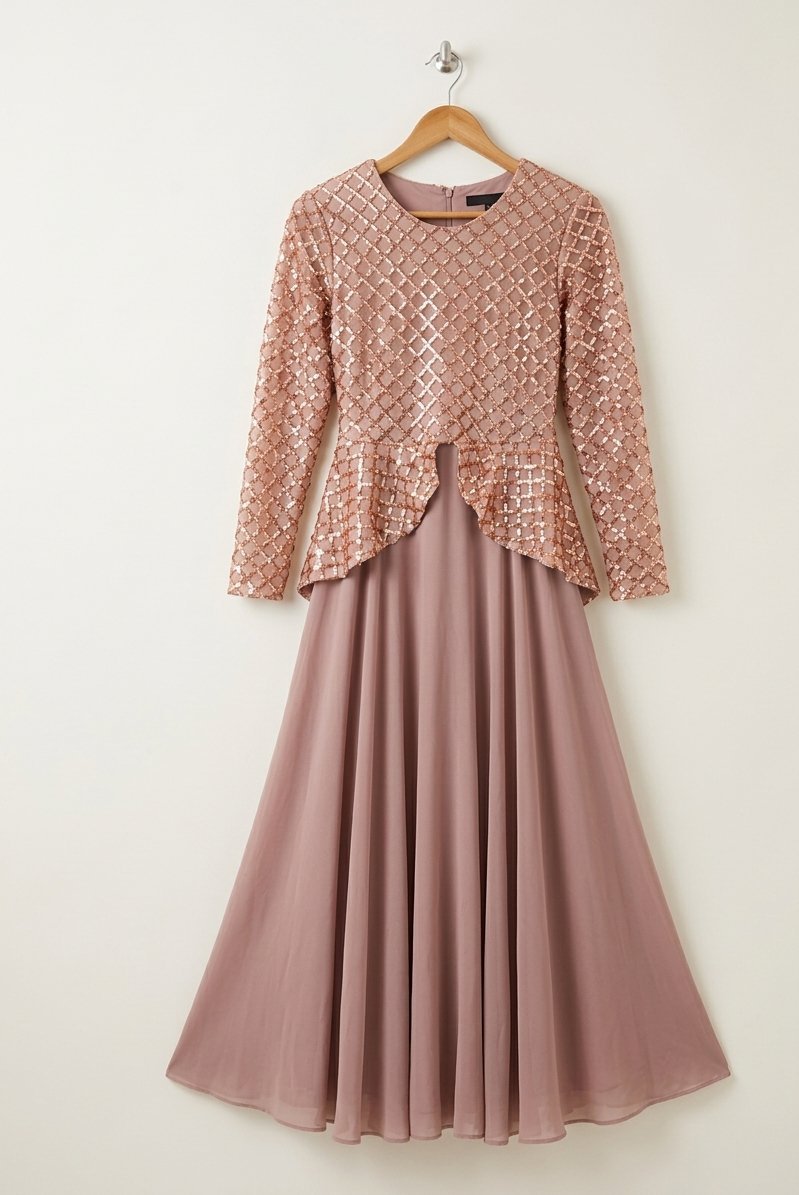 Robe de Soirée Beige Rosé à Paillettes