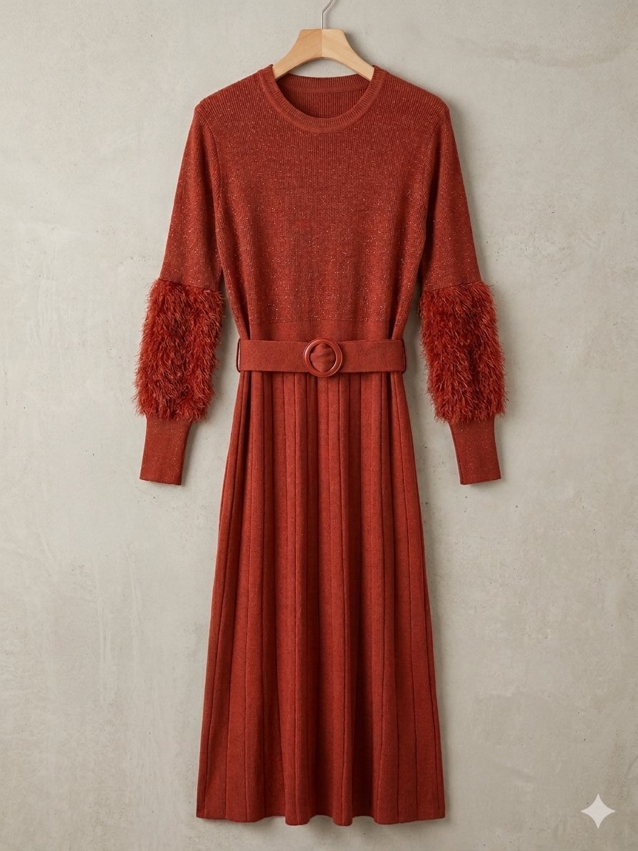 Robe longue terracotta en maille pailletée