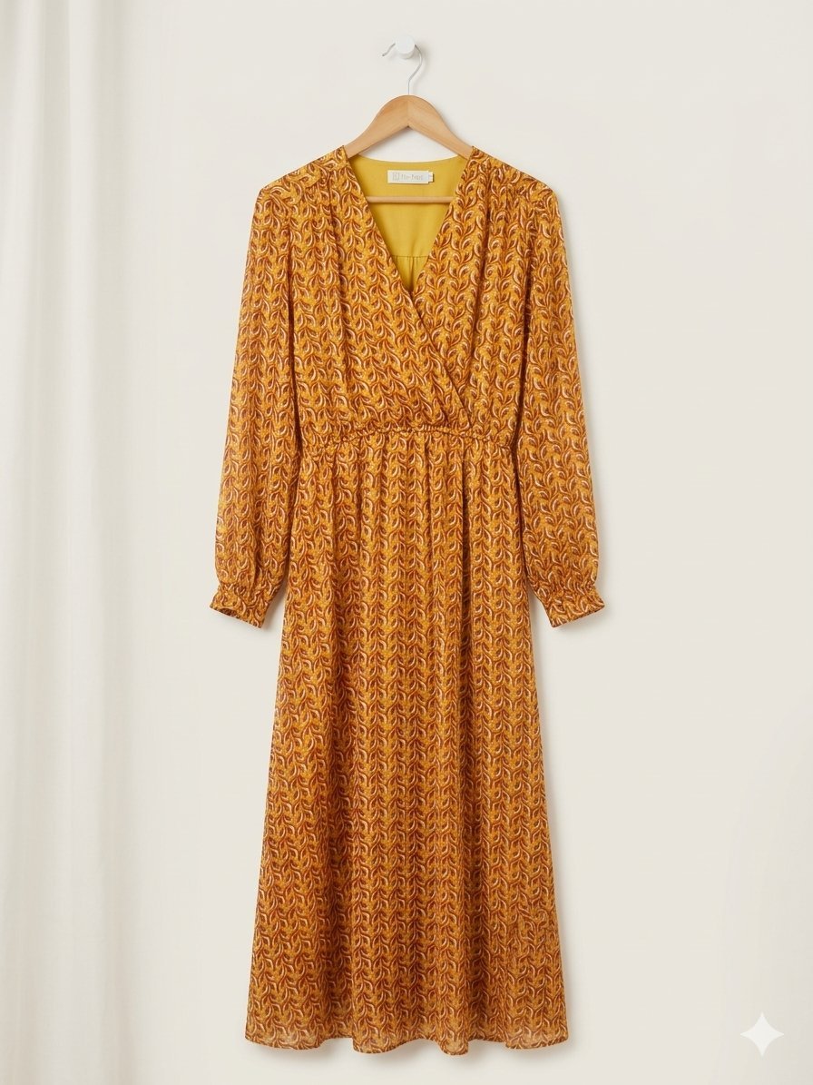 Robe midi cache-cœur imprimée ocre et jaune moutarde