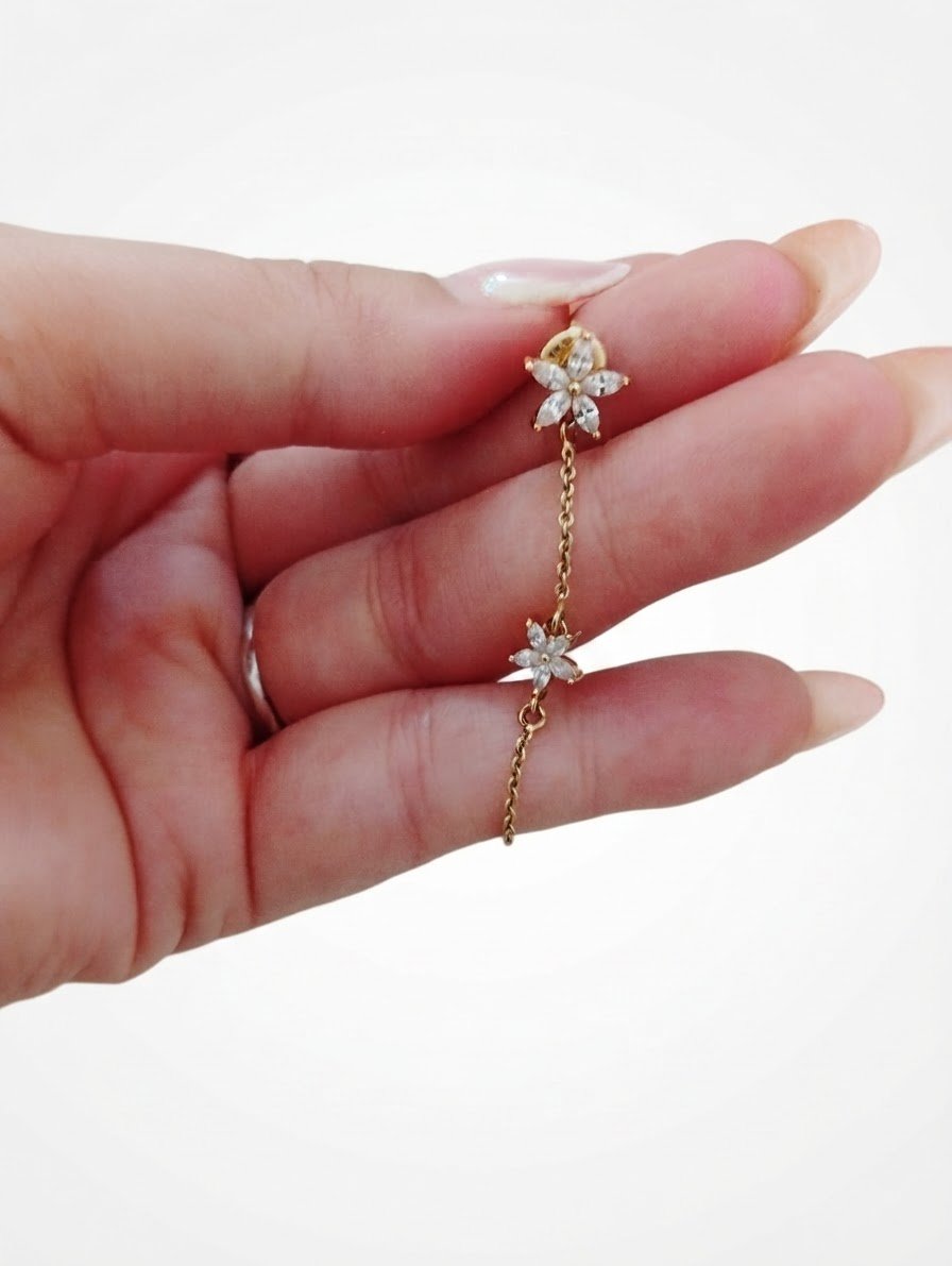 Boucles d'oreilles chaînettes pendantes avec fleurs en strass (Achats Pharmacie)