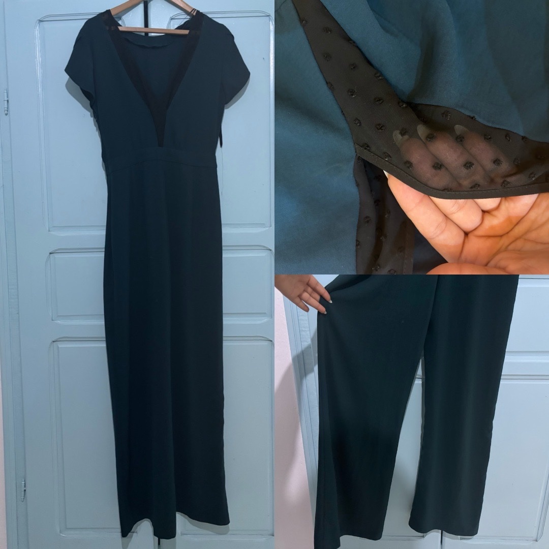 Elegant Deep Teal Jumpsuit with Black Swiss Dot Mesh V-Neck 