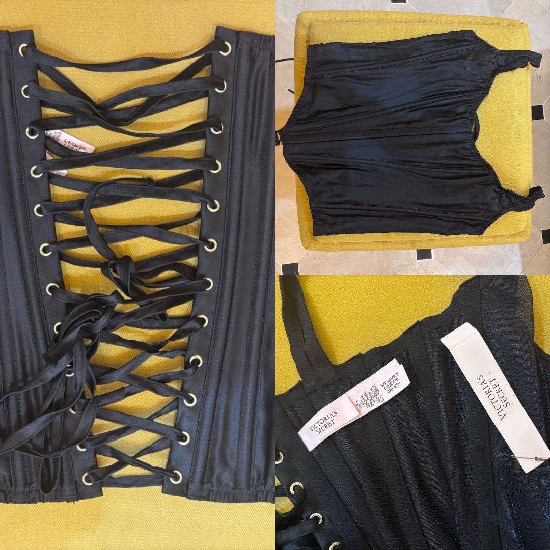 Victoria's Secret Black Satin Boned Corset Top Bustier 