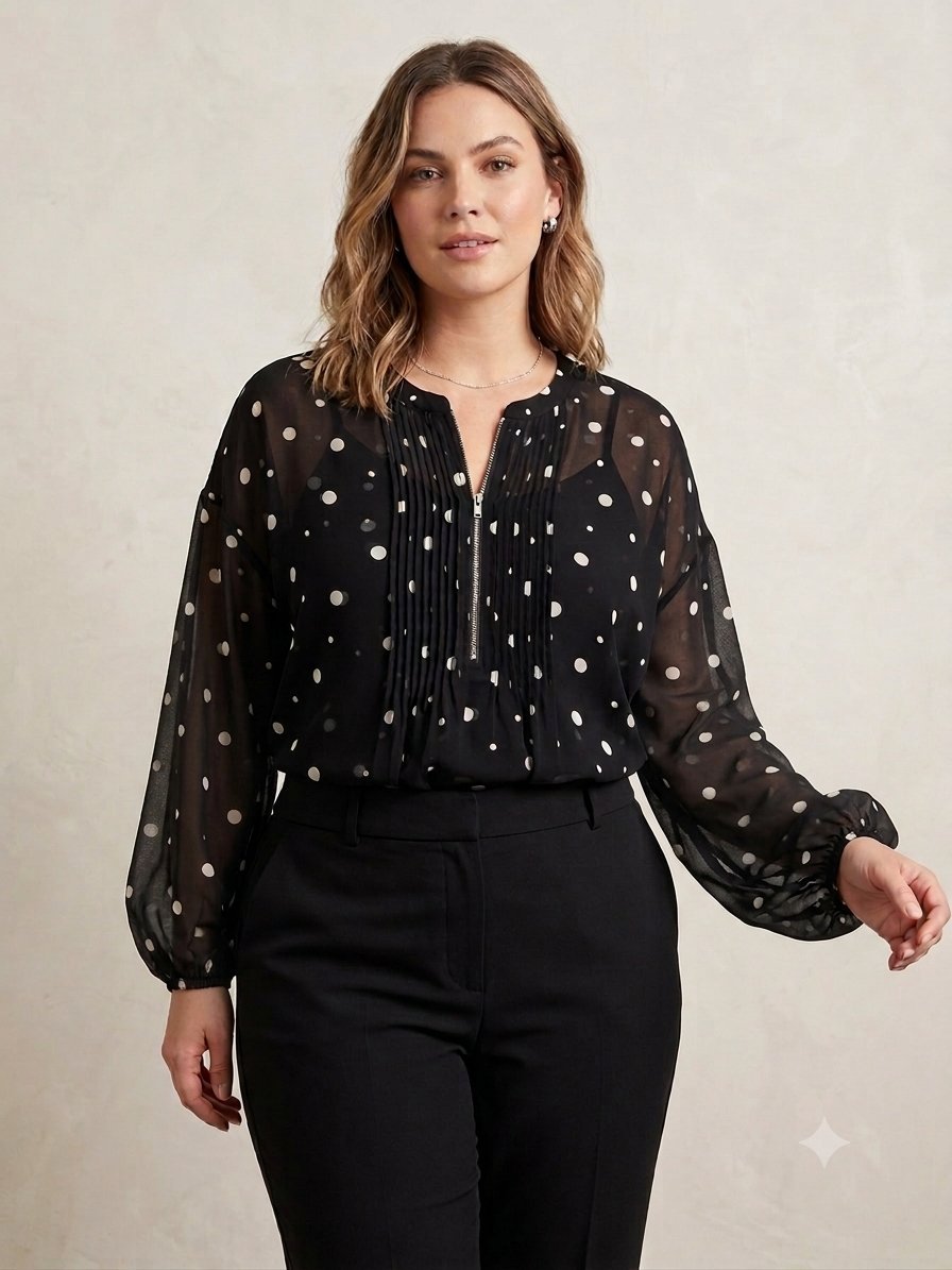 Chemisier noir à pois beige très fluide de la marque soon