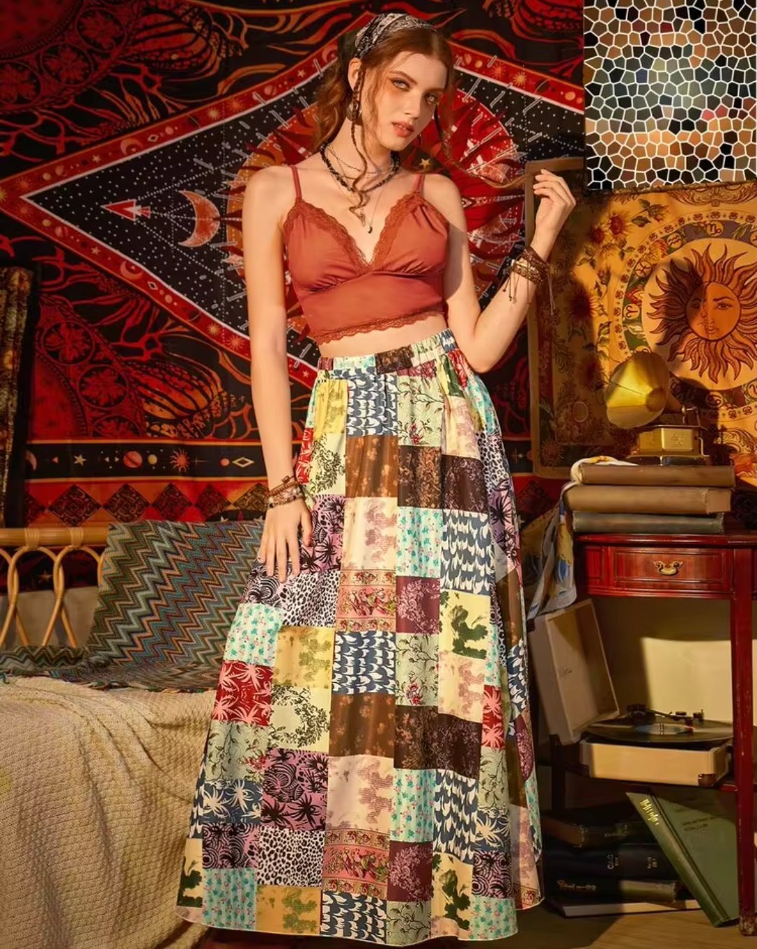 Jupe ROMWE Hippie taille haute à imprimé patchwork