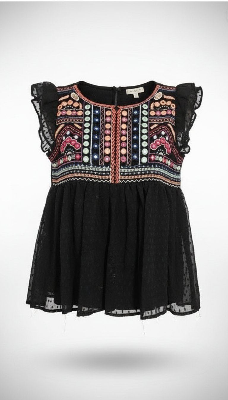 Une belle blouse marque goa collection mentionné la taille L mais ça taille petit normalement M en très bon état 