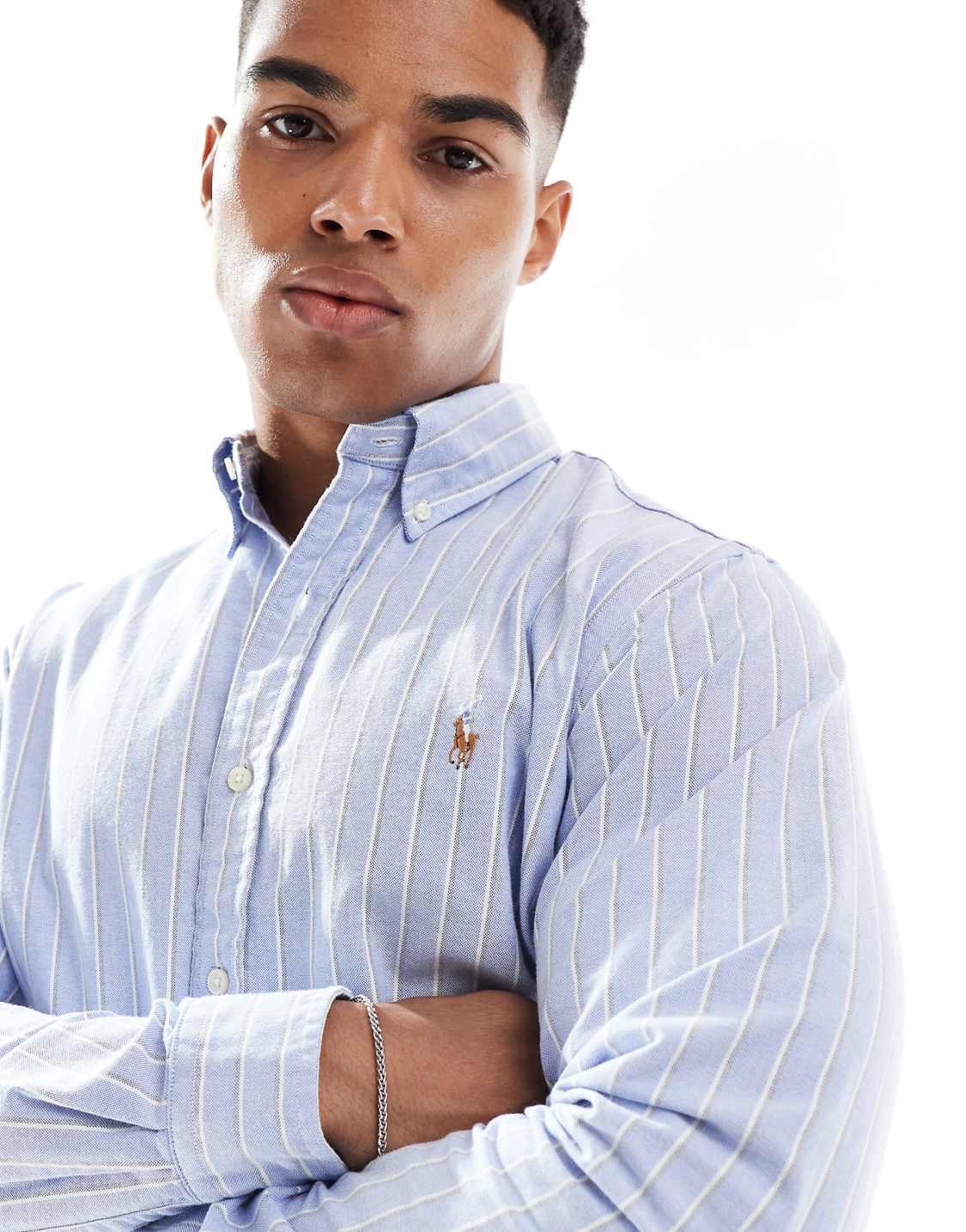 Polo Ralph Lauren - Chemise Oxford ajustée à logo emblématique et rayures - Bleu