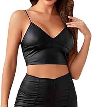   a black faux leather bustier crop top from SHEIN