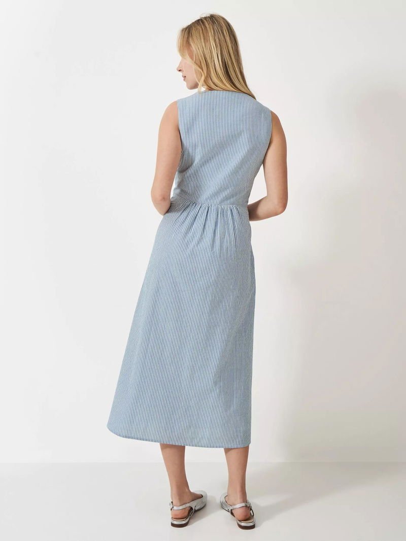 Light Blue & White Striped Cotton Midi Dress - Sleeveless A-Line - Size S/M