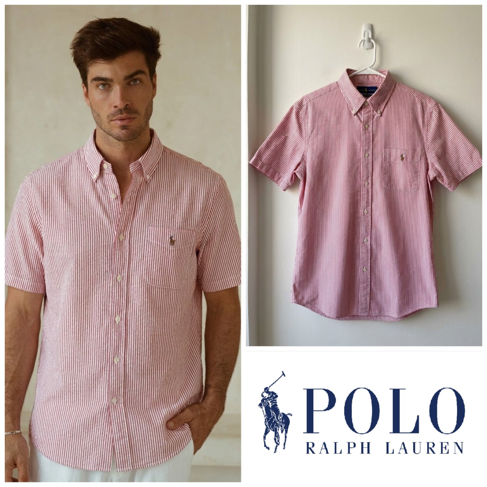 Chemise manches courtes Polo Ralph Lauren rayée rouge et blanche pour homme taille M – Slim Fit, RL Untucked Fit, col boutonné