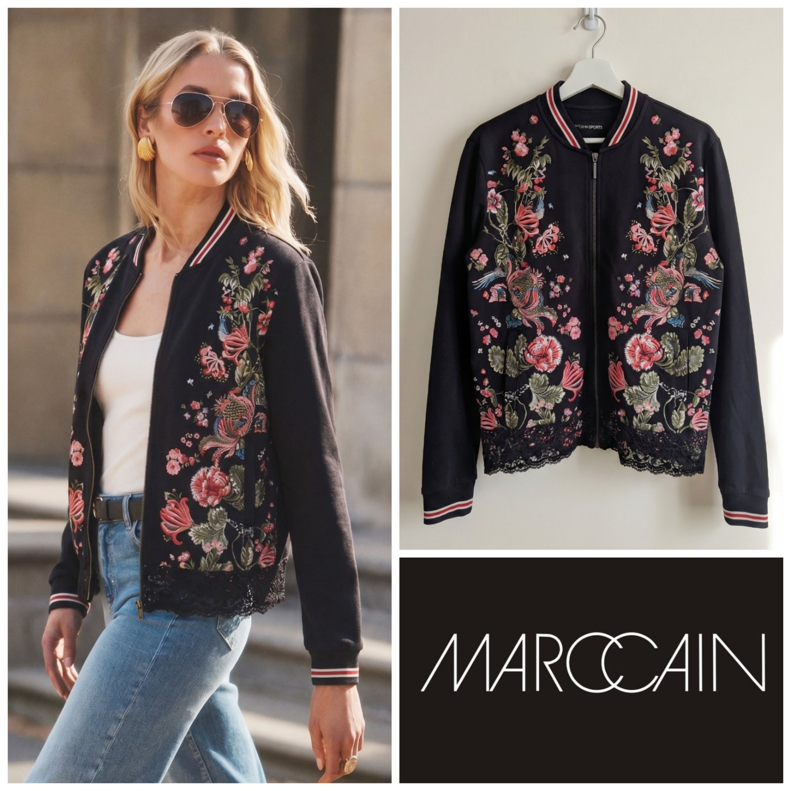 Veste bomber noir à broderies florales MARC CAIN taille S