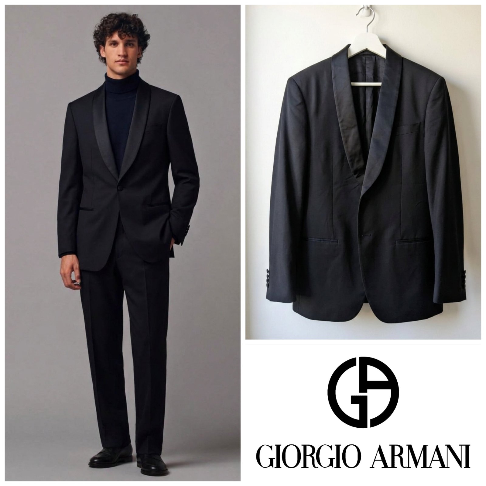 Veste de smoking Giorgio Armani Soho noire pour homme taille 50R (EU/US) / 50 (FR) – col châle satin, laine vierge et soie, Made in Italy