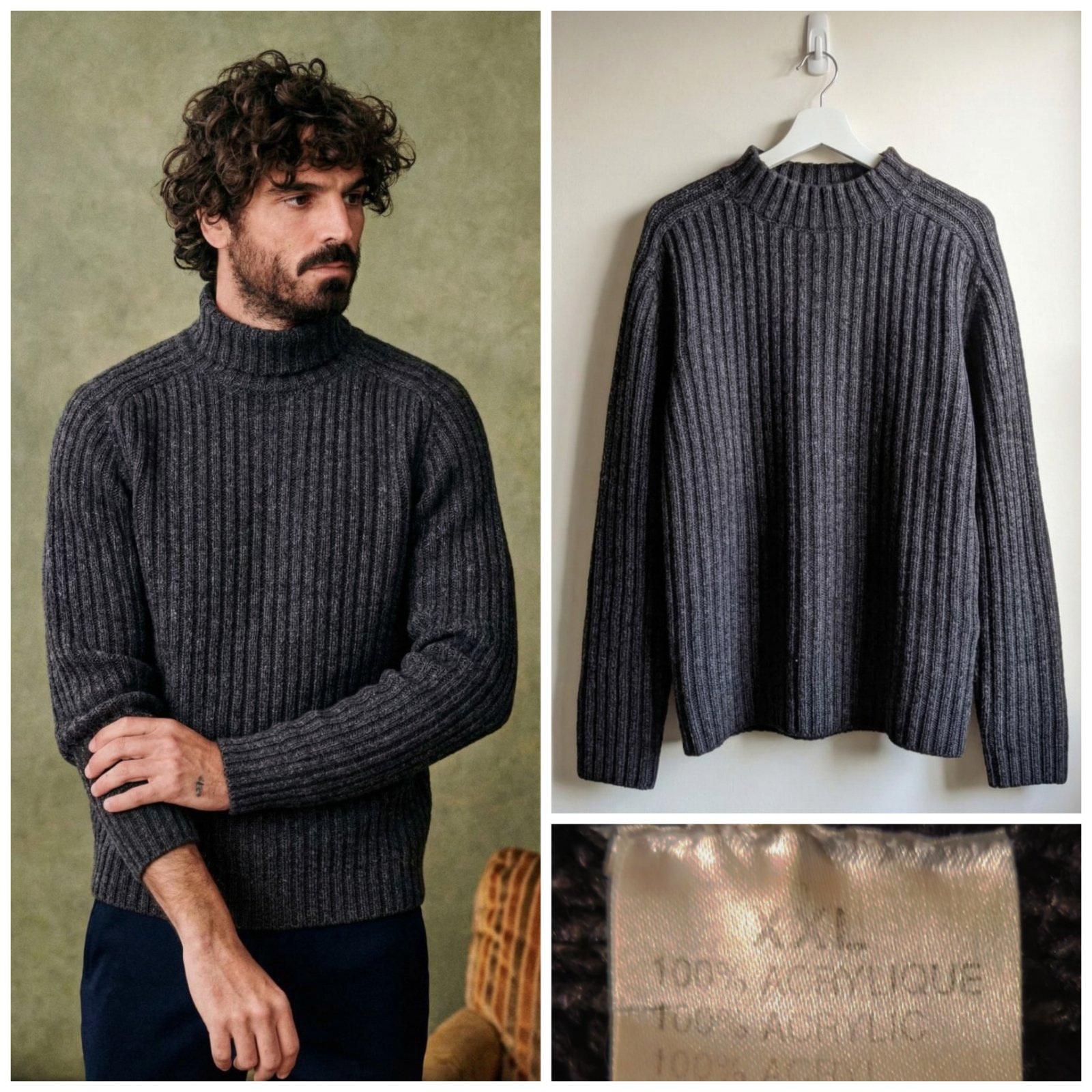Pull à col roulé en maille côtelée de couleur gris anthracite