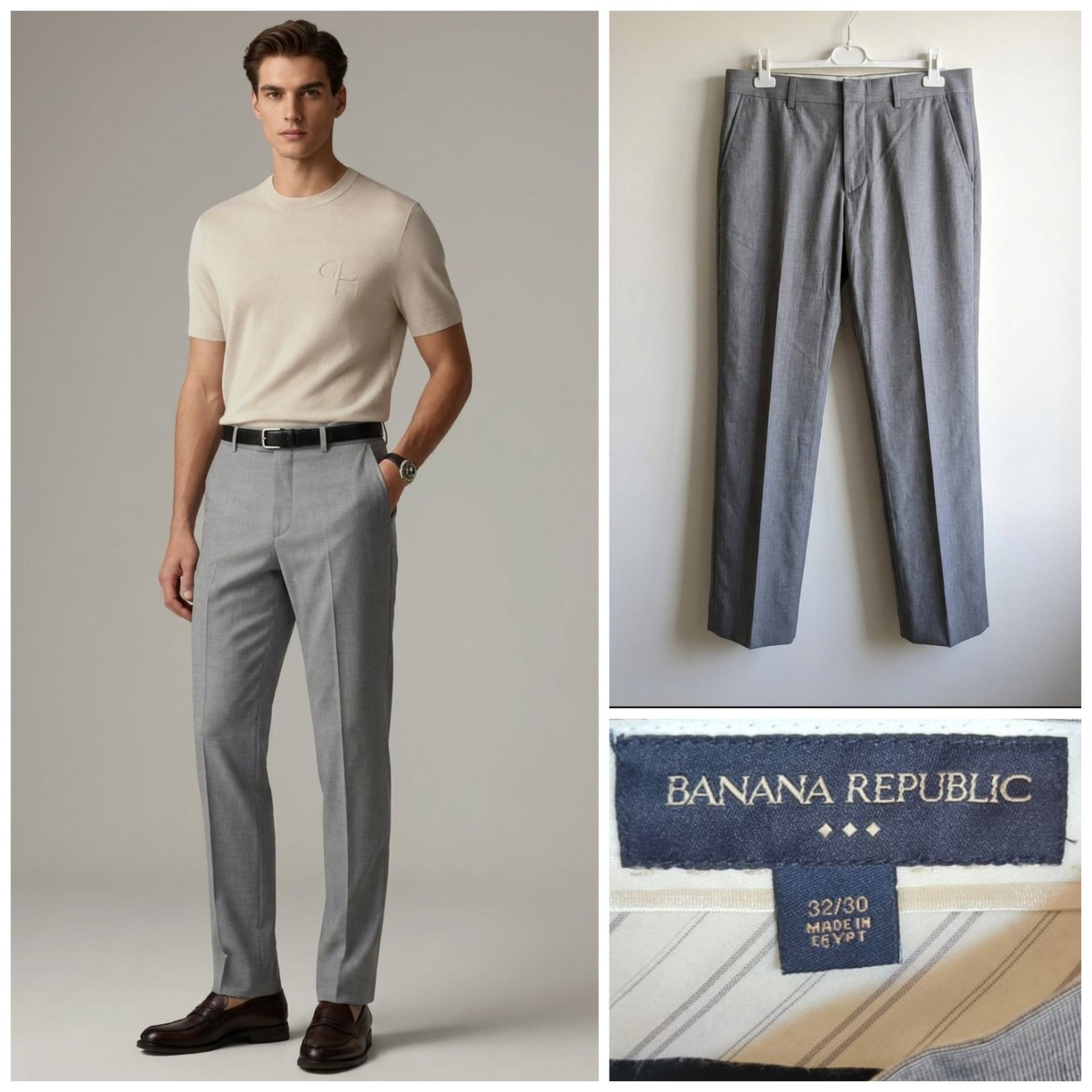 Pantalon de costume Banana Republic gris chiné pour homme taille M W32 L30 (US) / 42 (FR) – 100% coton, coupe droite
