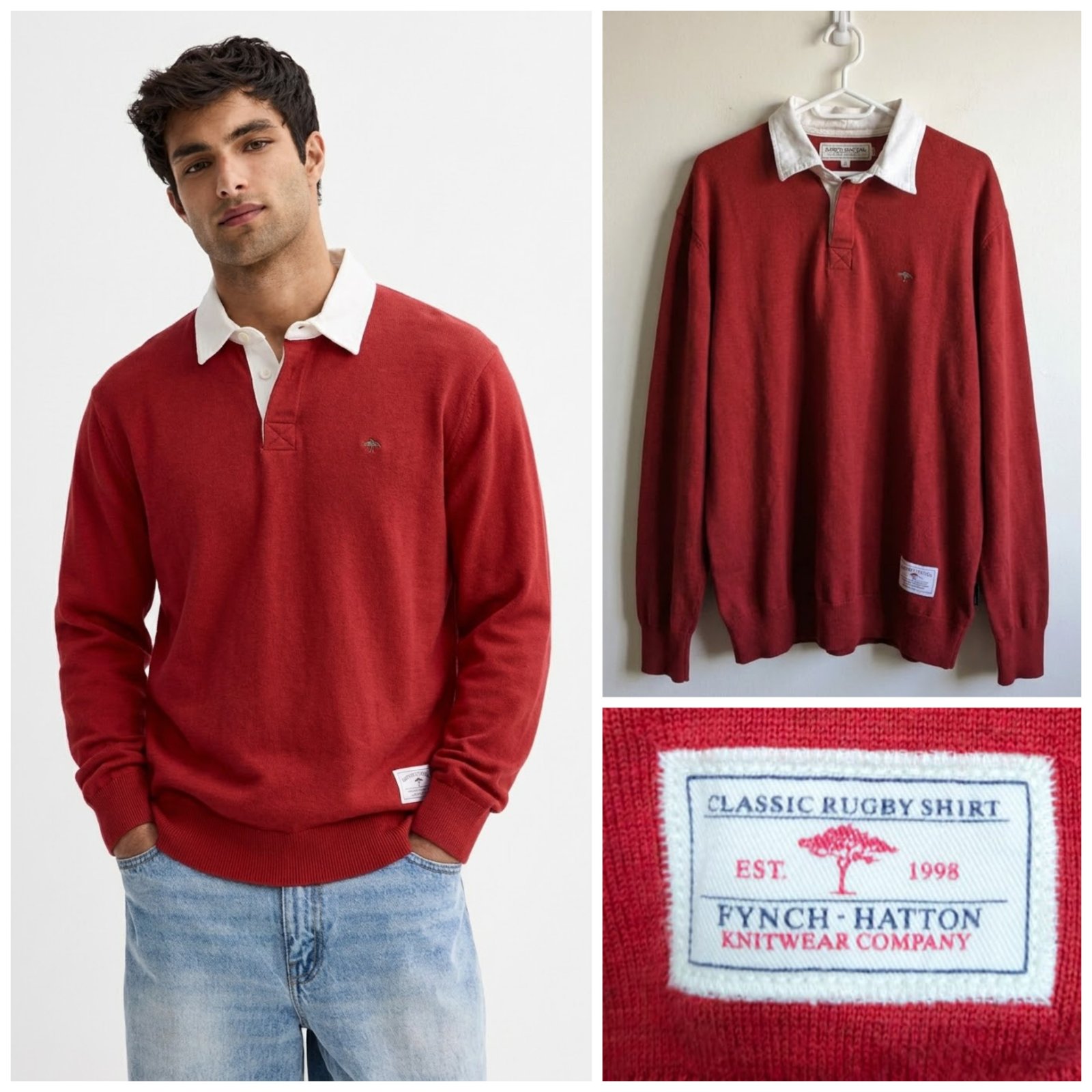Pull style polo rugby Fynch-Hatton rouge brique à col blanc pour homme taille XL