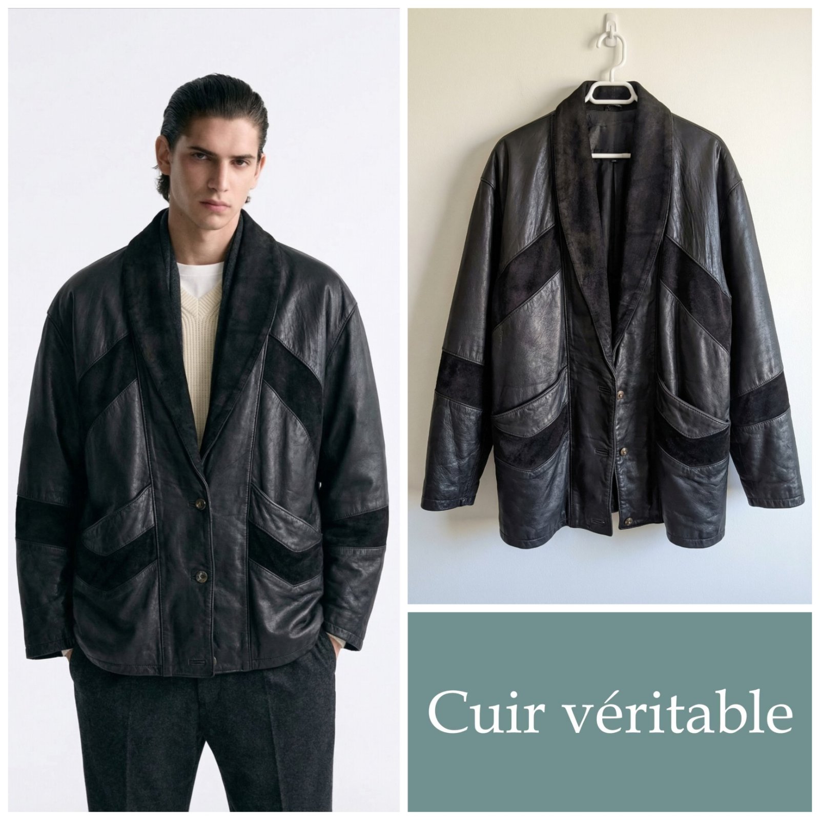 Manteau cuir noir pour homme taille S