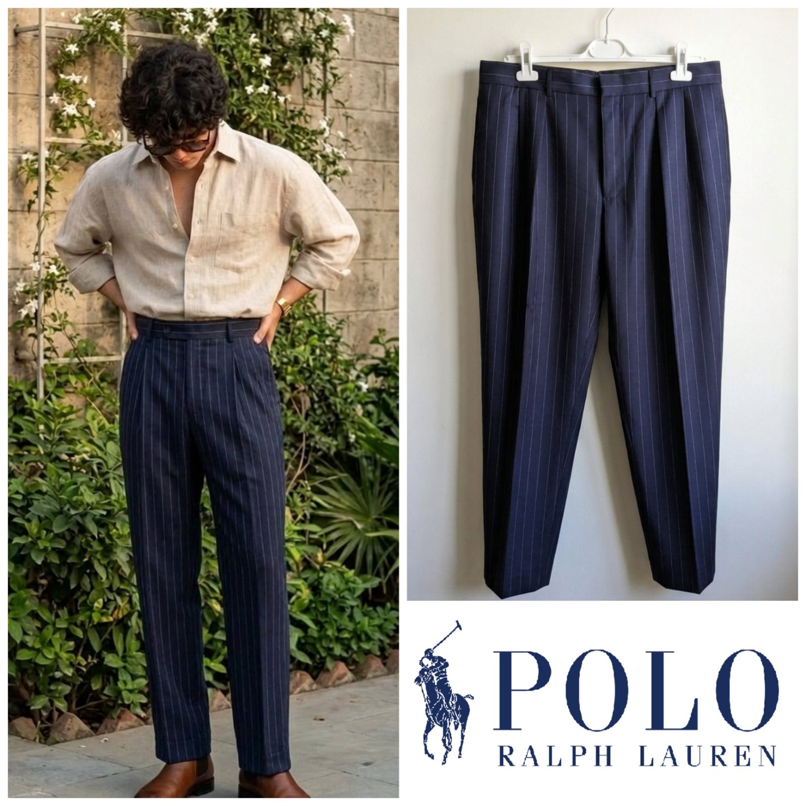 Pantalon de costume Polo Ralph Lauren bleu marine à rayures tennis et pinces pour homme taille L 36R (US) / 46 (FR) 