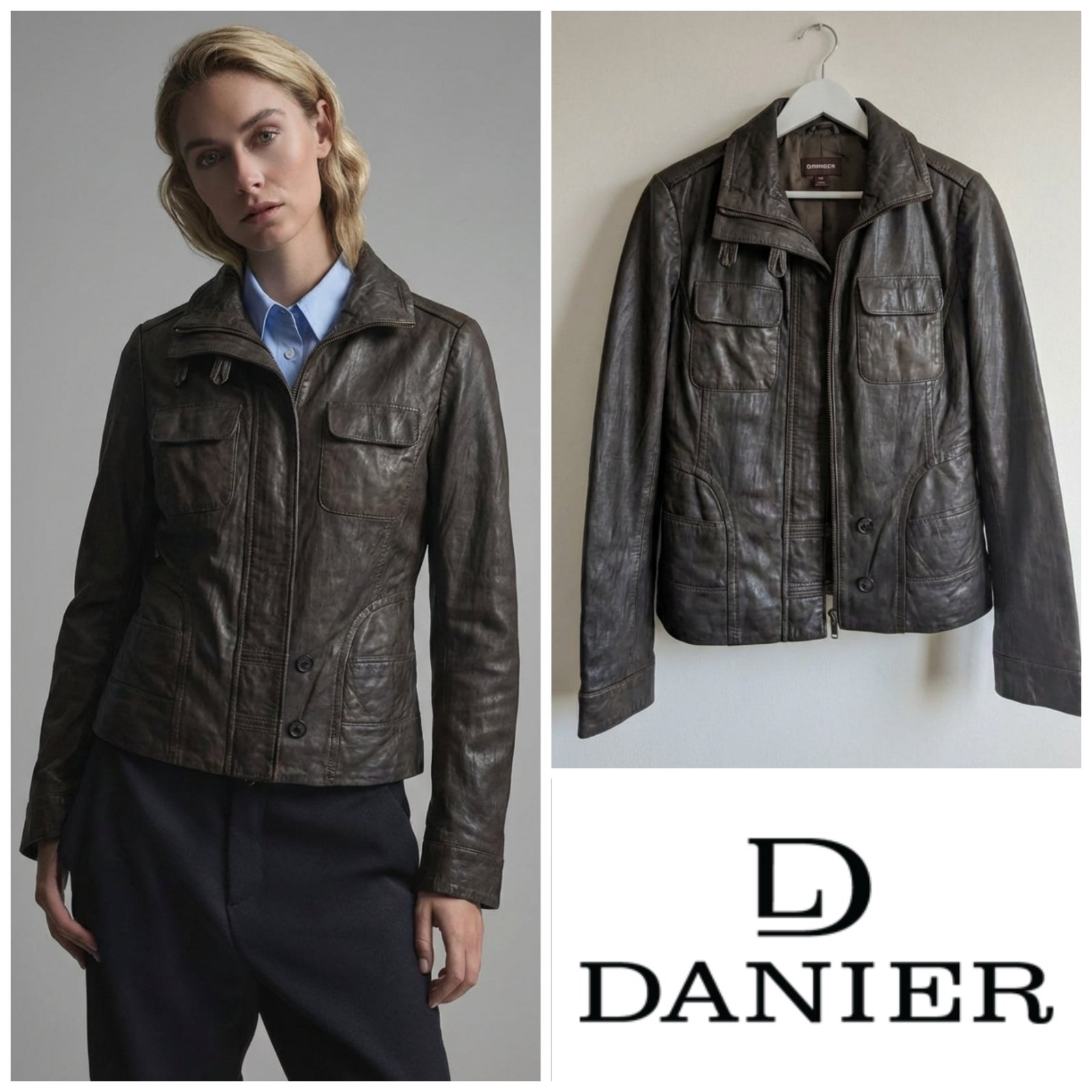 Veste cuir véritable vert foncé DANIER taille 40