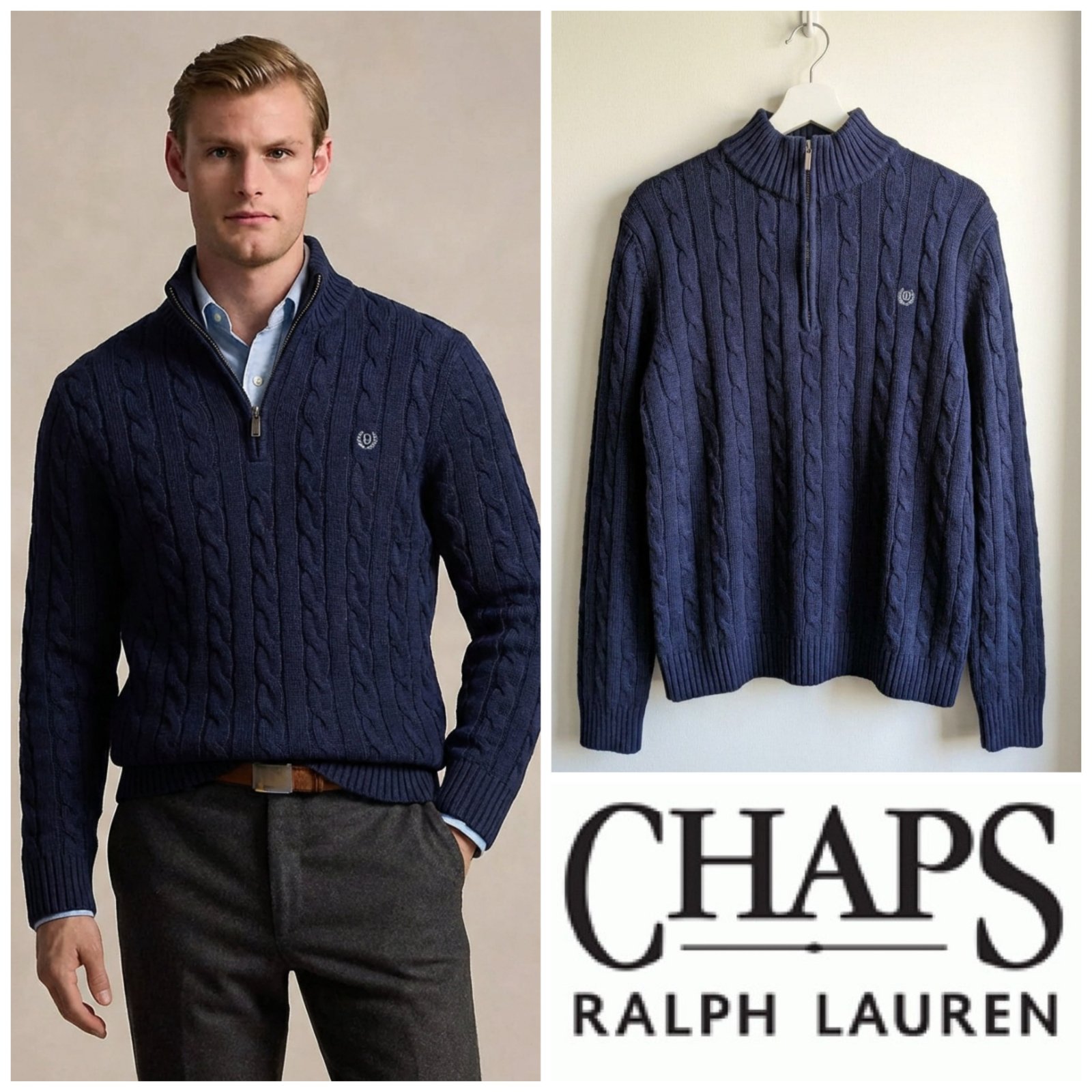 Pull demi-zip bleu CHAPS BY RALPH LAUREN motif torsadé taille L