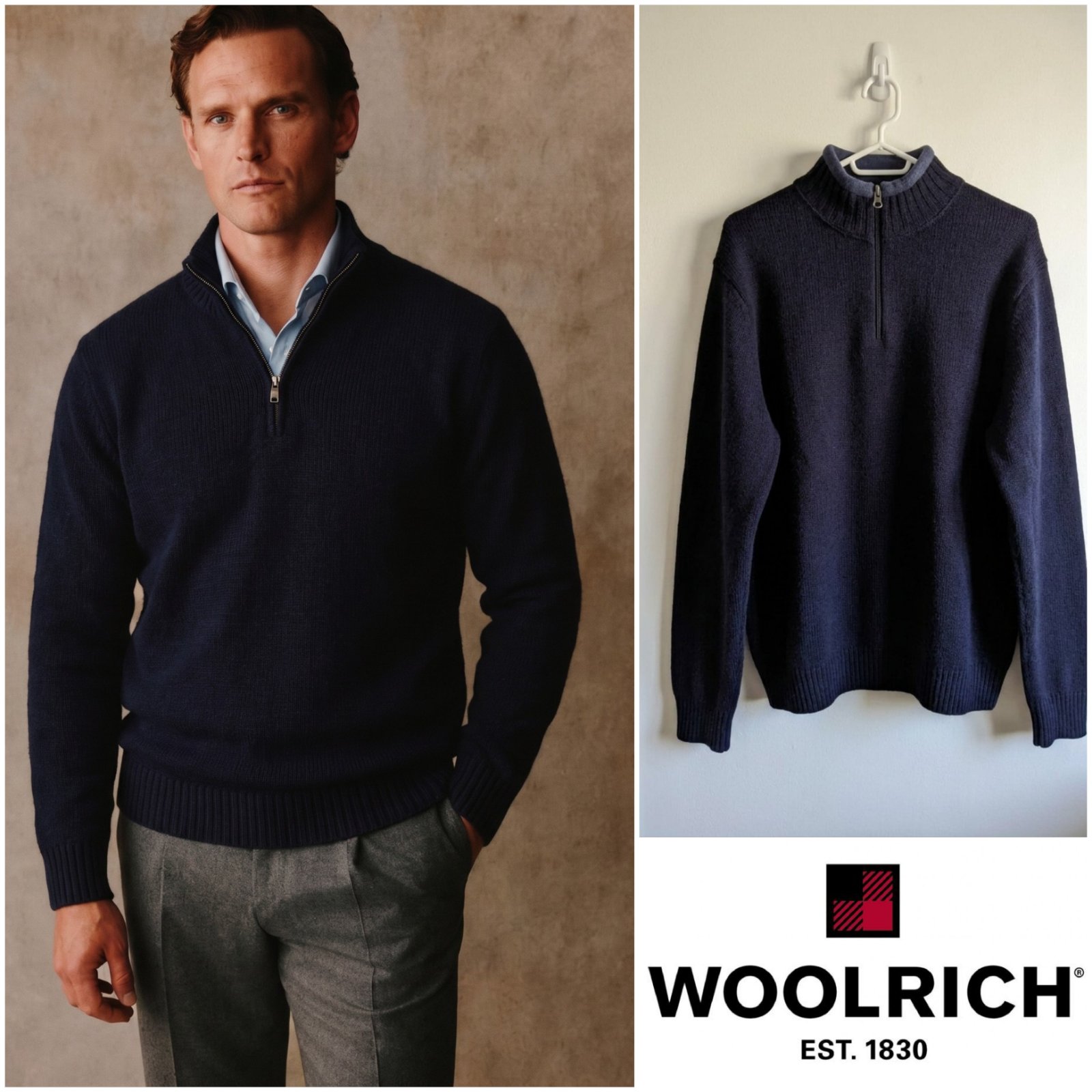  Pull Woolrich vintage bleu marine à col montant zippé pour homme taille XL