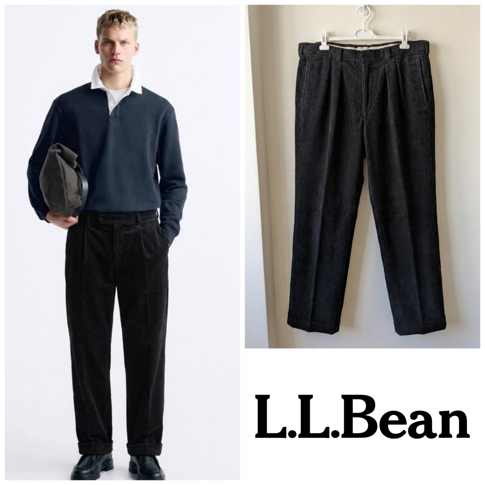 Pantalon L.L.Bean en velours côtelé noir à pinces pour homme taille M/L FR44 W34 – vintage, coupe droite à revers