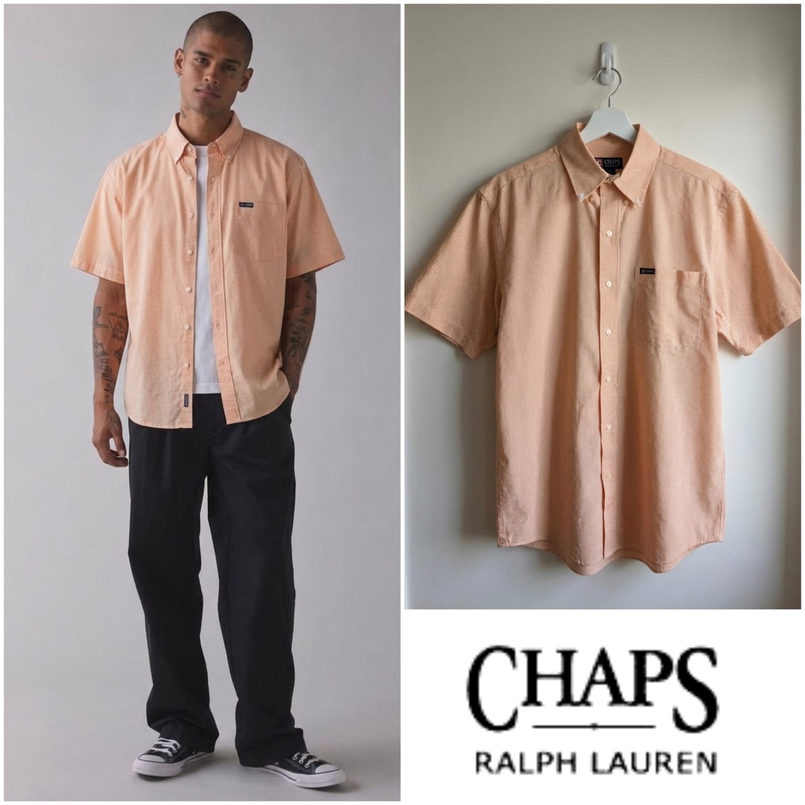 Chemise demi manche carreaux orange et blanc CHAPS Ralph Lauren pour homme taille M