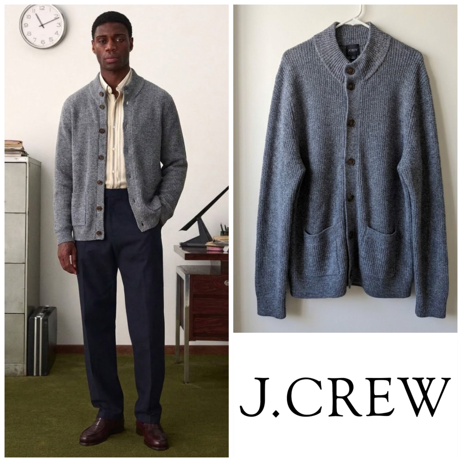 Gilet J.Crew vintage gris chiné à col montant – Boutonnage intégral pour homme taille XXL