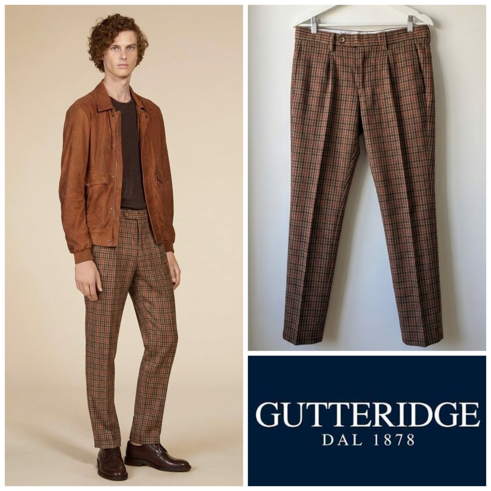 Pantalon habillé Gutteridge vintage à carreaux marron – 100 % laine vierge pour homme taille M ( 42FR )
