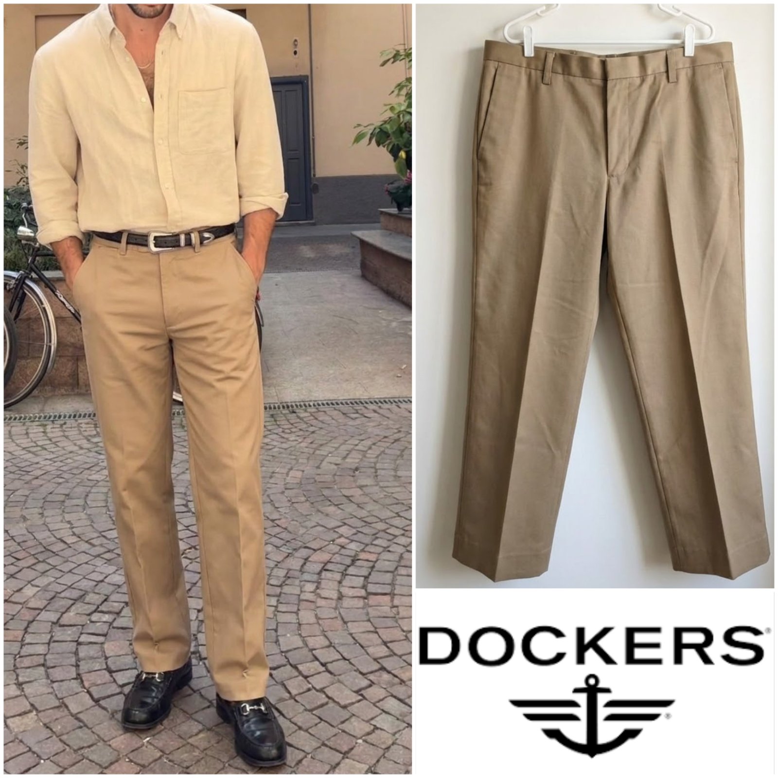 Pantalon chino Dockers D2 beige kaki pour homme taille L W36 L32 (US) / 46 (FR) – coupe droite, 100% coton