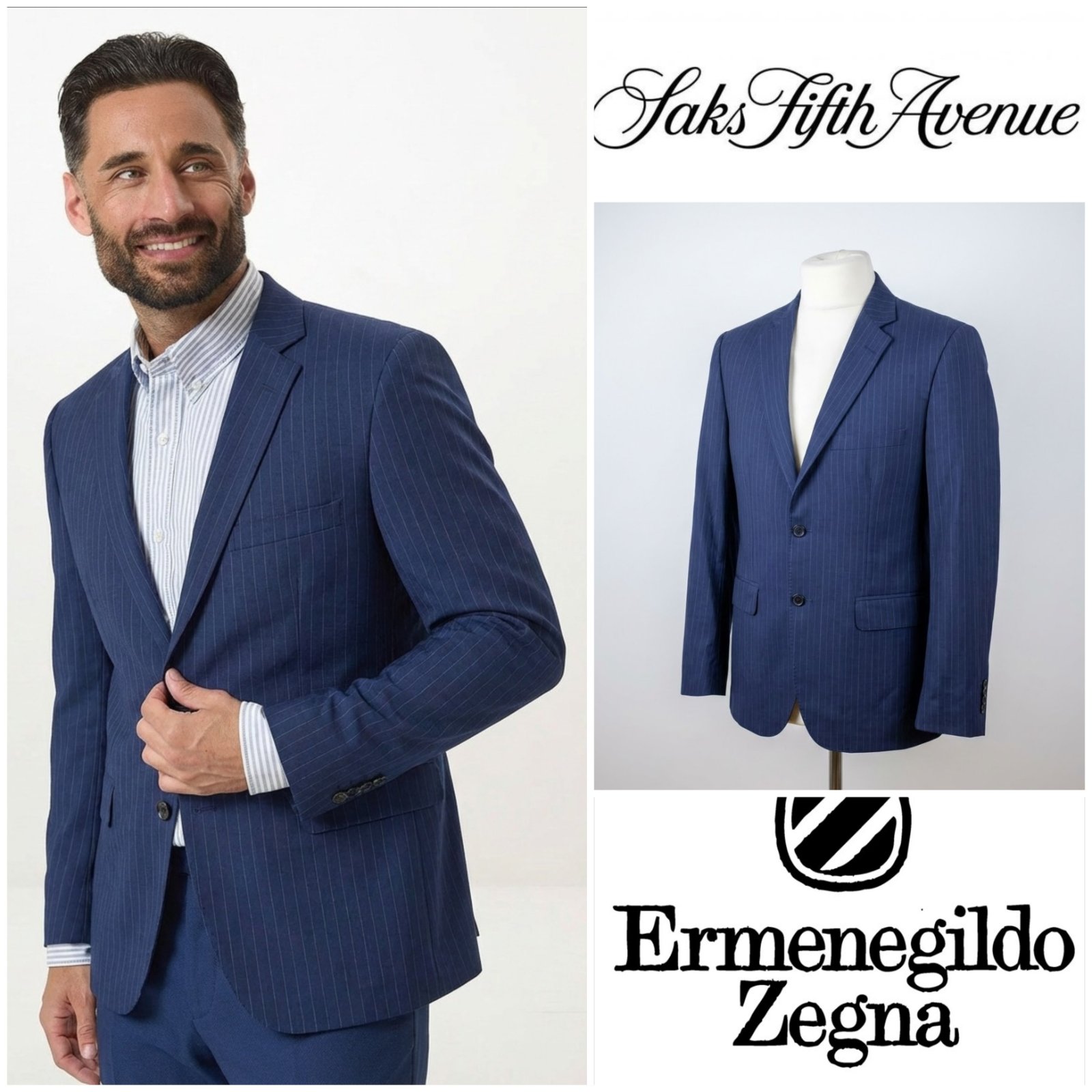 Blazer bleu rayé SAKS FIFTH AVENUE tissu ERMENEGILDO ZEGNA slim fit taille 48