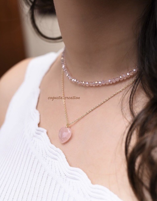Collier double en acier inoxydable pendentif cœur en pierre naturelle Quartz Rose