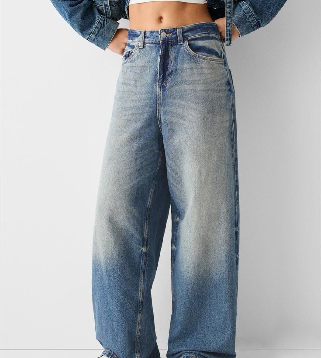 Bershka baggy wide leg jeans in dirty wash blue 