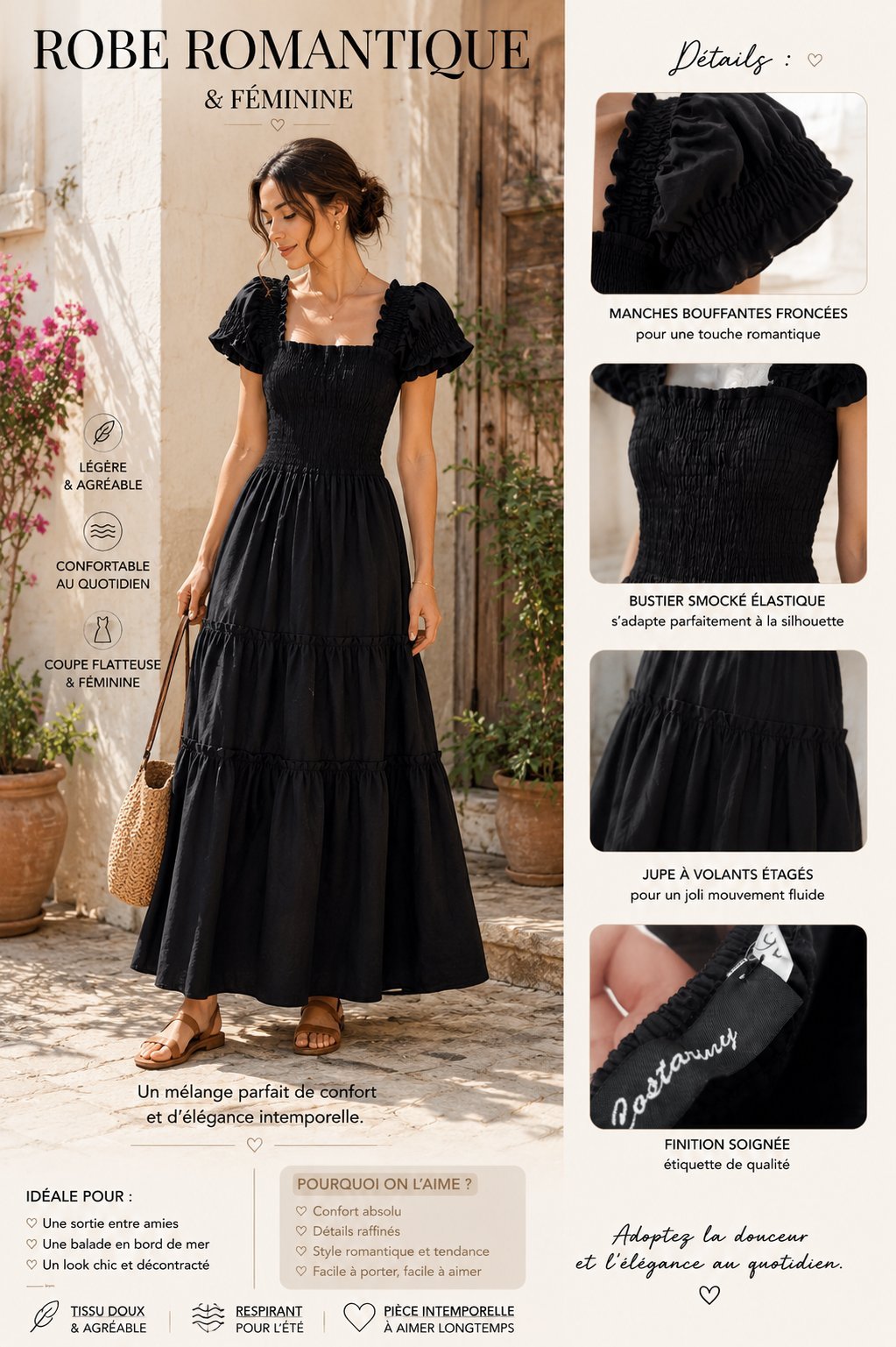 Robe longue noire style romantique à volants - Taille S/M