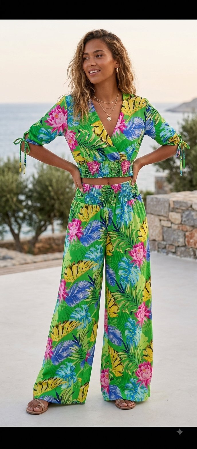Ensemble 2 pièces tropical (Crop top + Pantalon fluide)