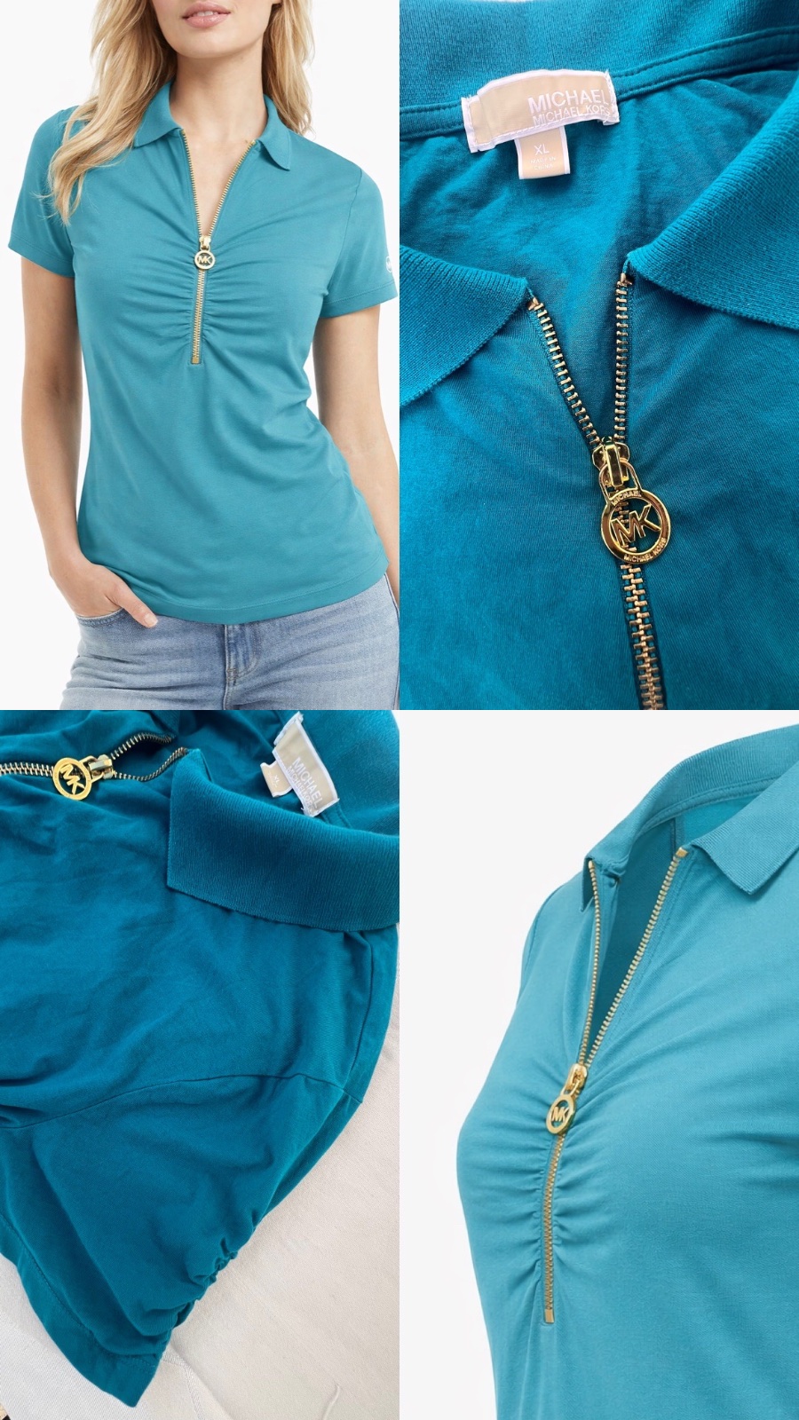 Polo femme Michael Kors original bleu turquoise avec zip logo MK – très bon état