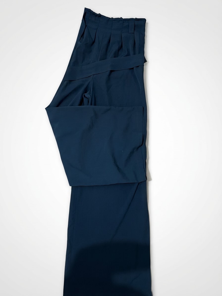 Pantalon fluide taille haute bleu canard / bleu pétrole avec ceinture