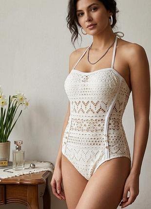 Superbe Maillot de bain blanc ajouré grande taille sans bretelle🤍🤍🤍🤍🤍🤍