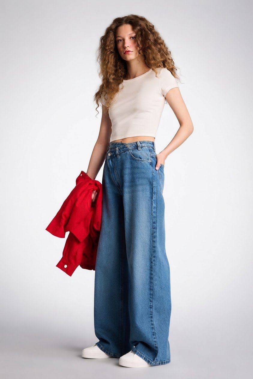 Bleu Jeans large taille haute jambes droite 