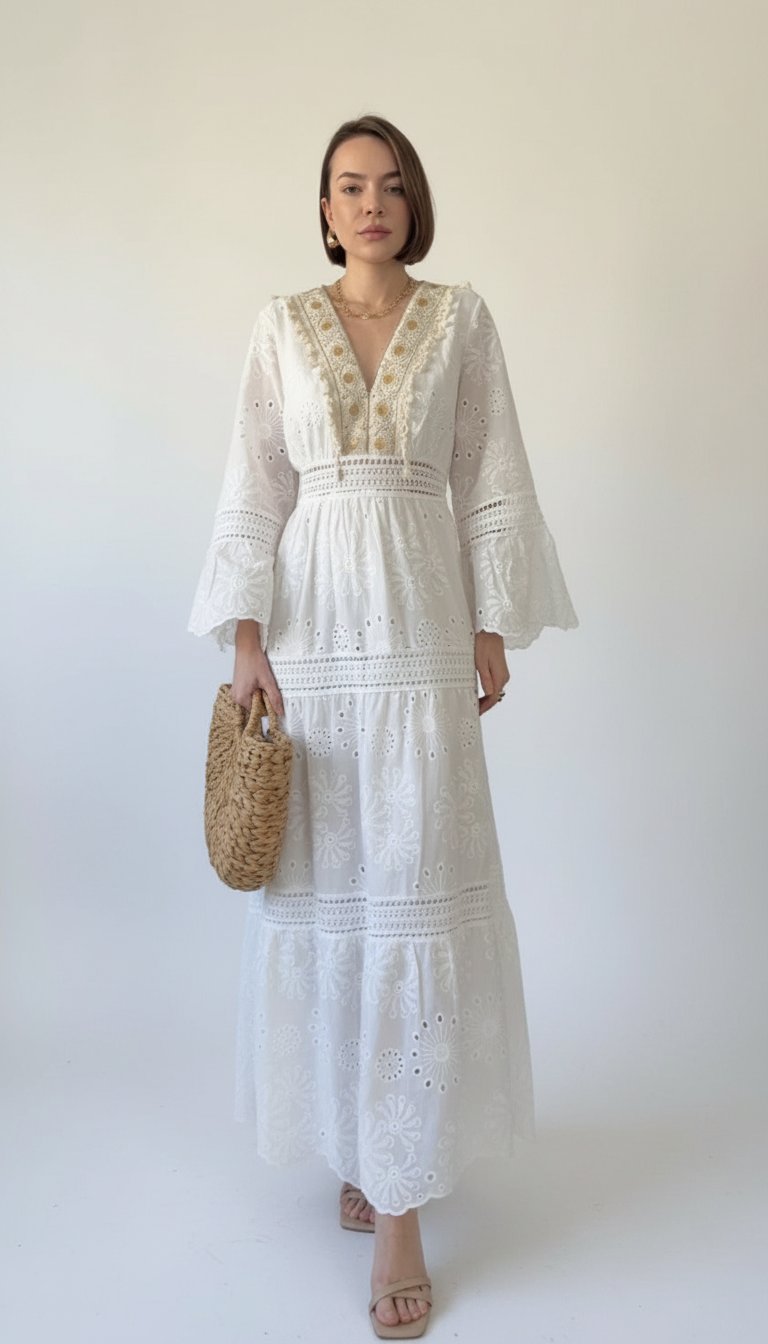 Robe longue blanche broderie anglaise 