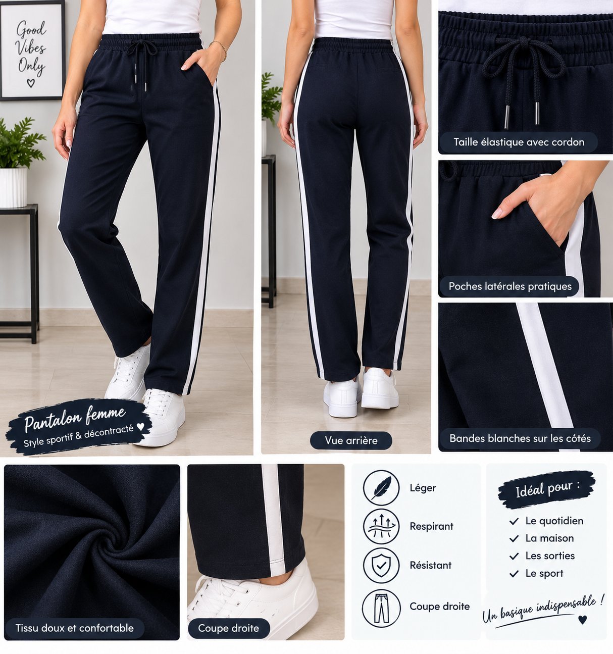 Pantalon bleu foncé avec bandes blanches 
