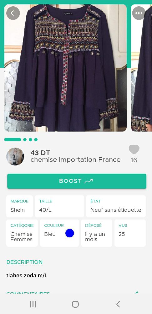 chemise importation France , o lieu de 43dt c a 33dt