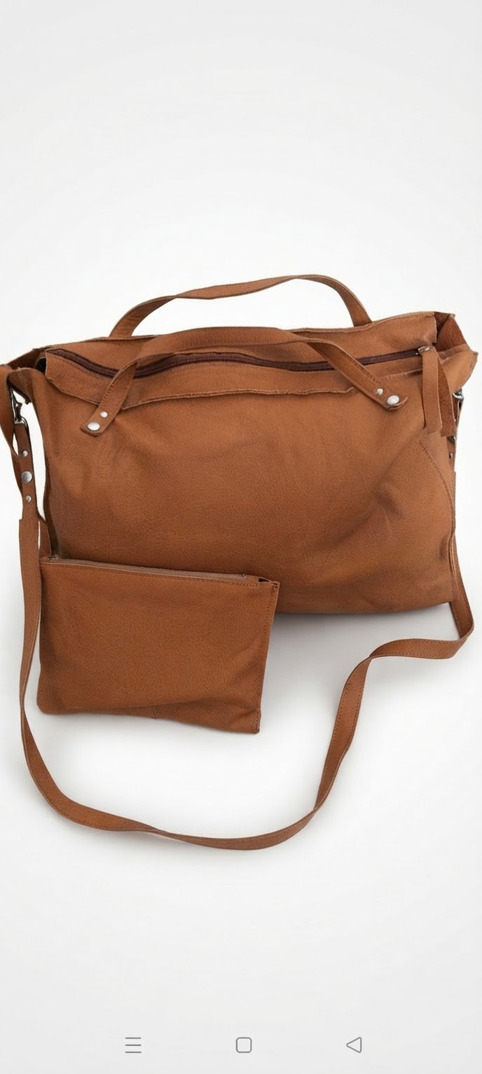 Grand sac en vrai cuir + petit pochette attaché a l intérieur 