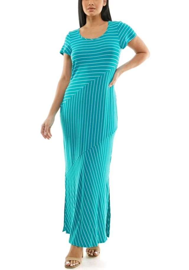 NEW Nina Leonard Short-Sleeve Mixed Stripe Maxi Dress MANGO ORANGE SZ M