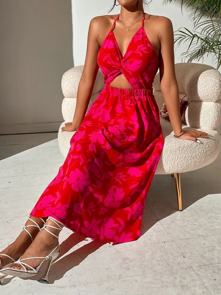 SHEIN VCAY Allover Floral Print Twist Front Halter Dress