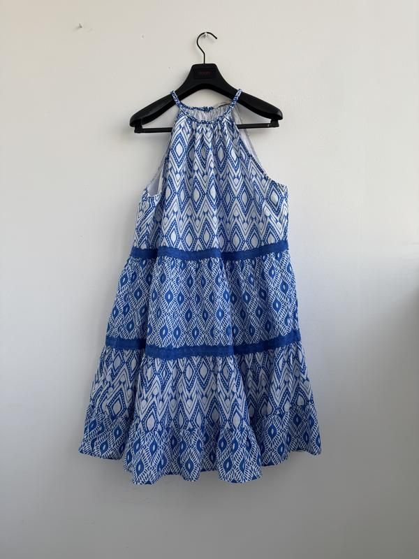Blue Abstract Decorative Halter Neck Tiered Mini Dress