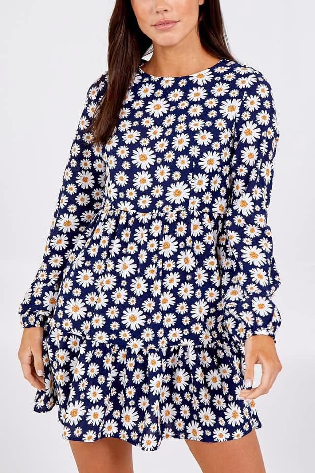 Balloon Sleeve Tiered Smock Dress