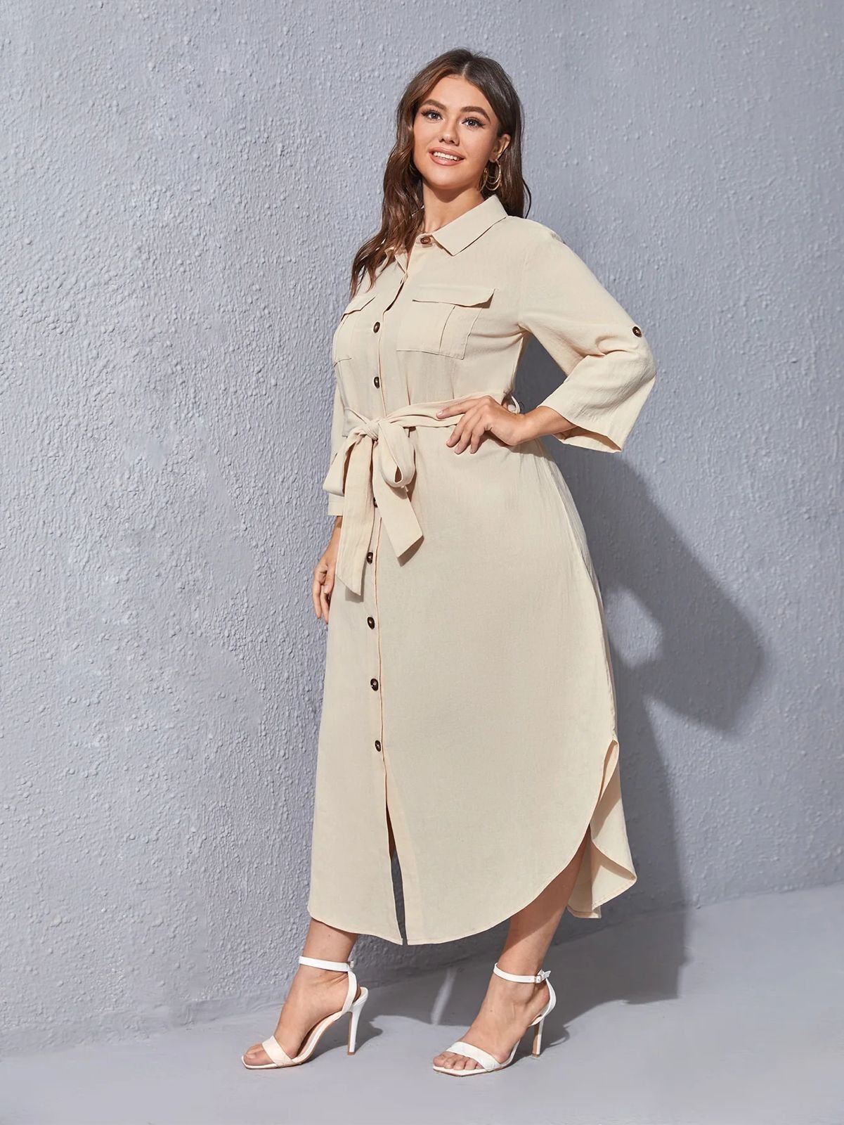 Womens Plus Size Roll Tab Sleeve Flap Pocket Belted Shirt Dress