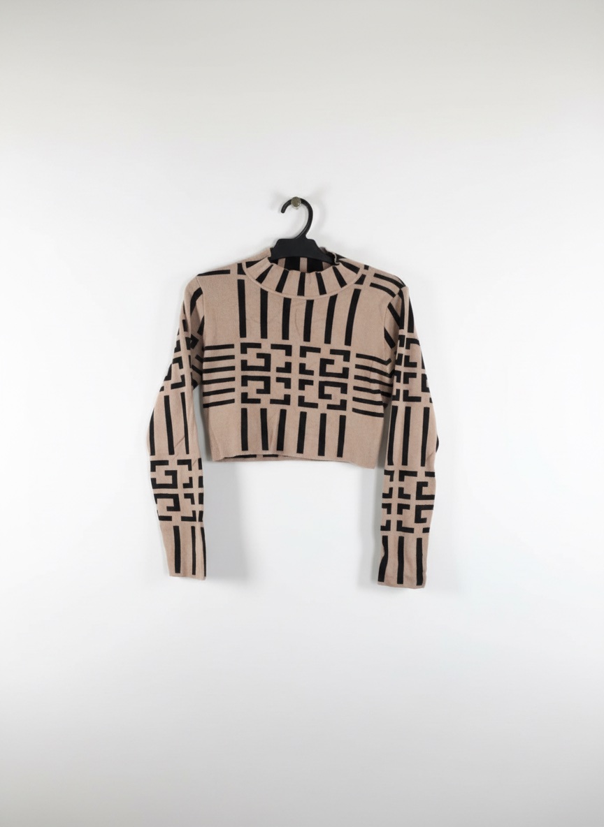 Crop top beige à motifs géométriques noirs