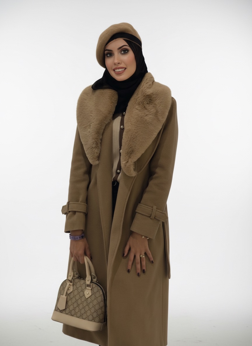 Manteau long camel avec col en fourrure